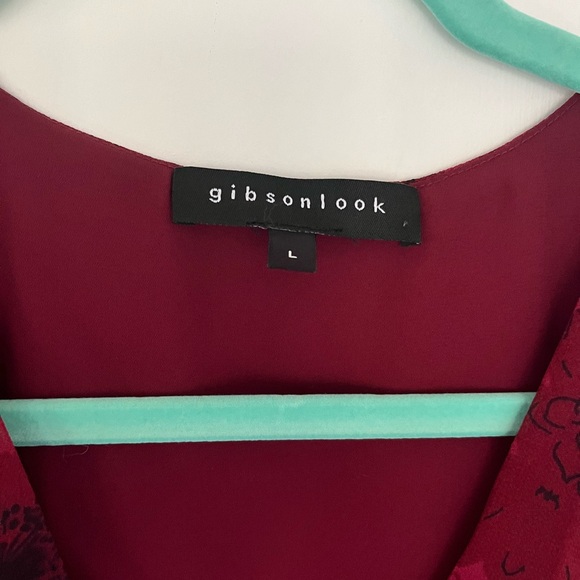 Gibson Look Dark Red Floral Blouse Bodysuit Plunging Neckline Size Large - Picture 8 of 14